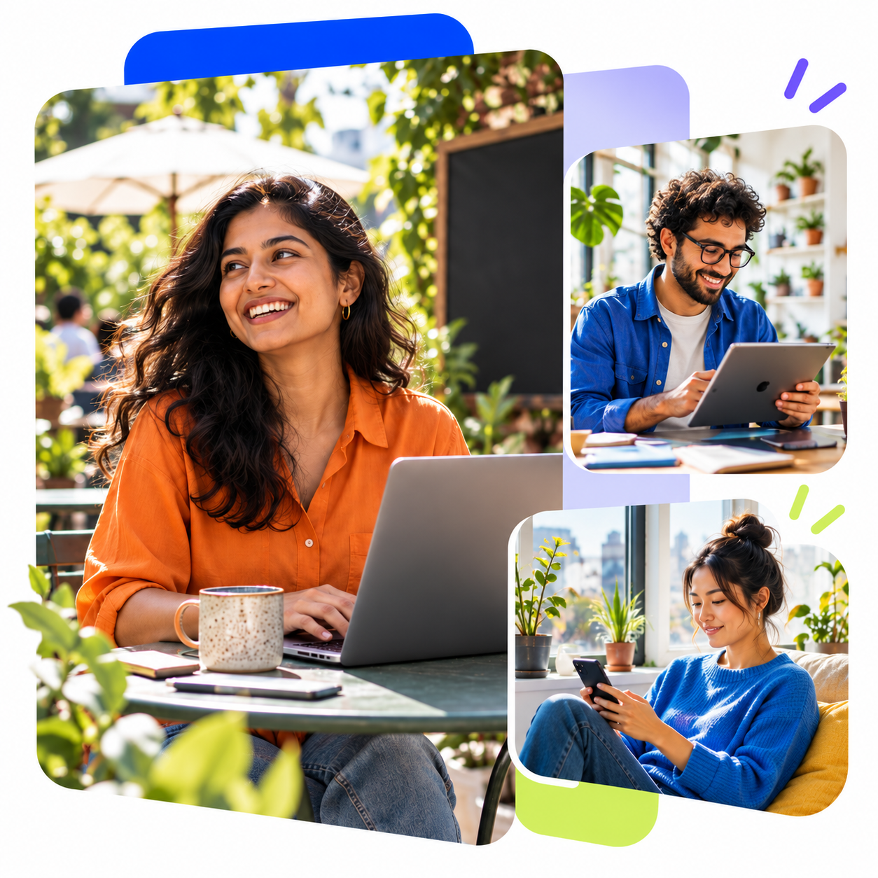 People working with a laptop at a sunny café, a tablet in a studio, and a phone at home